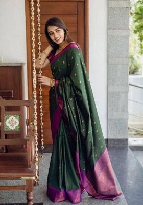Green Embroidered Banarasi Silk Saree Set
