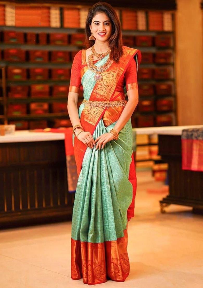 Pista Green Embroidered Banarasi Silk Saree Set