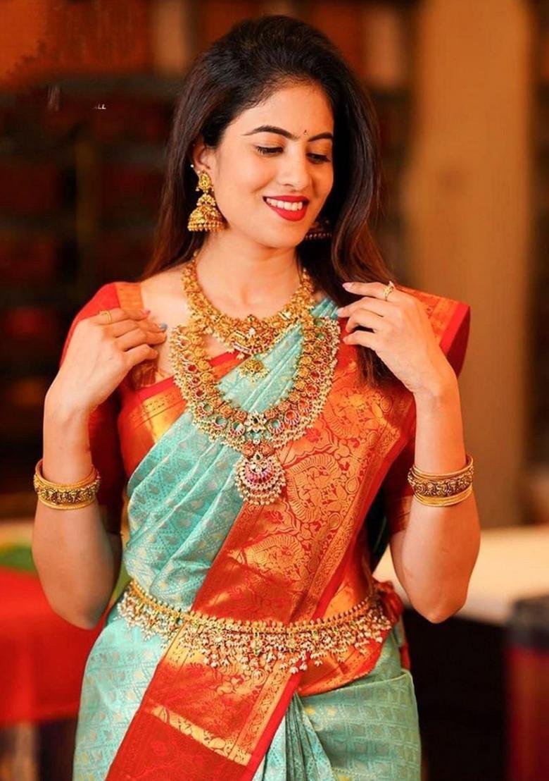 Pista Green Embroidered Banarasi Silk Saree Set