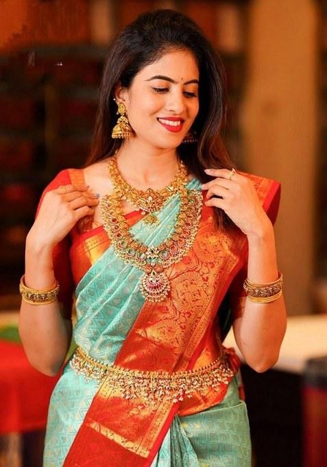 Pista Green Embroidered Banarasi Silk Saree Set