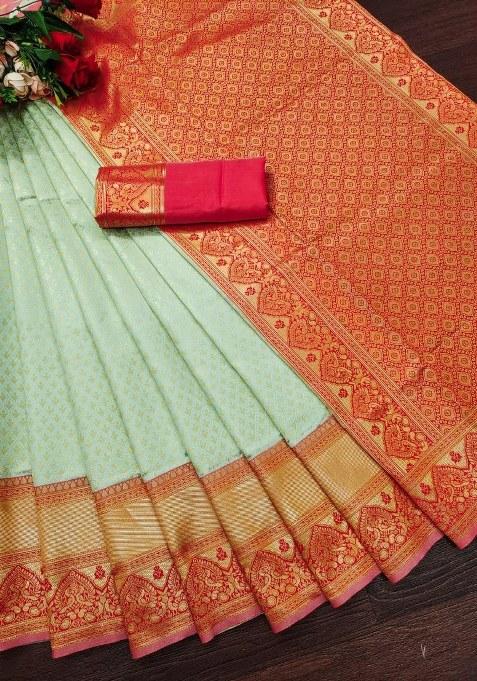 Pista Green Embroidered Banarasi Silk Saree Set
