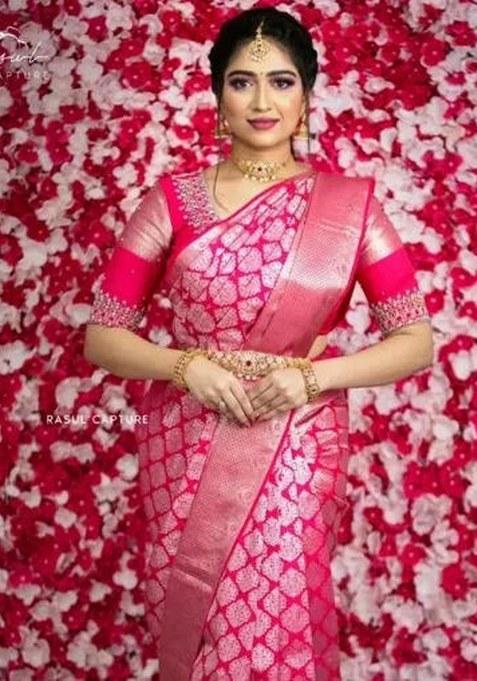 Pink Embroidered Silk Saree Set