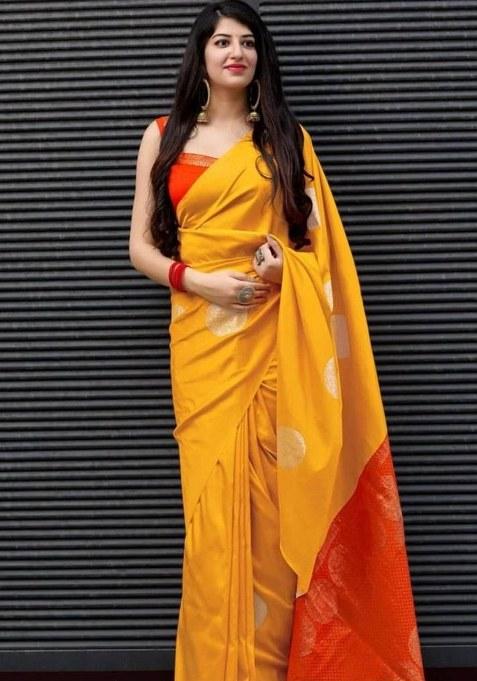 Yellow Embroidered Silk Saree Set