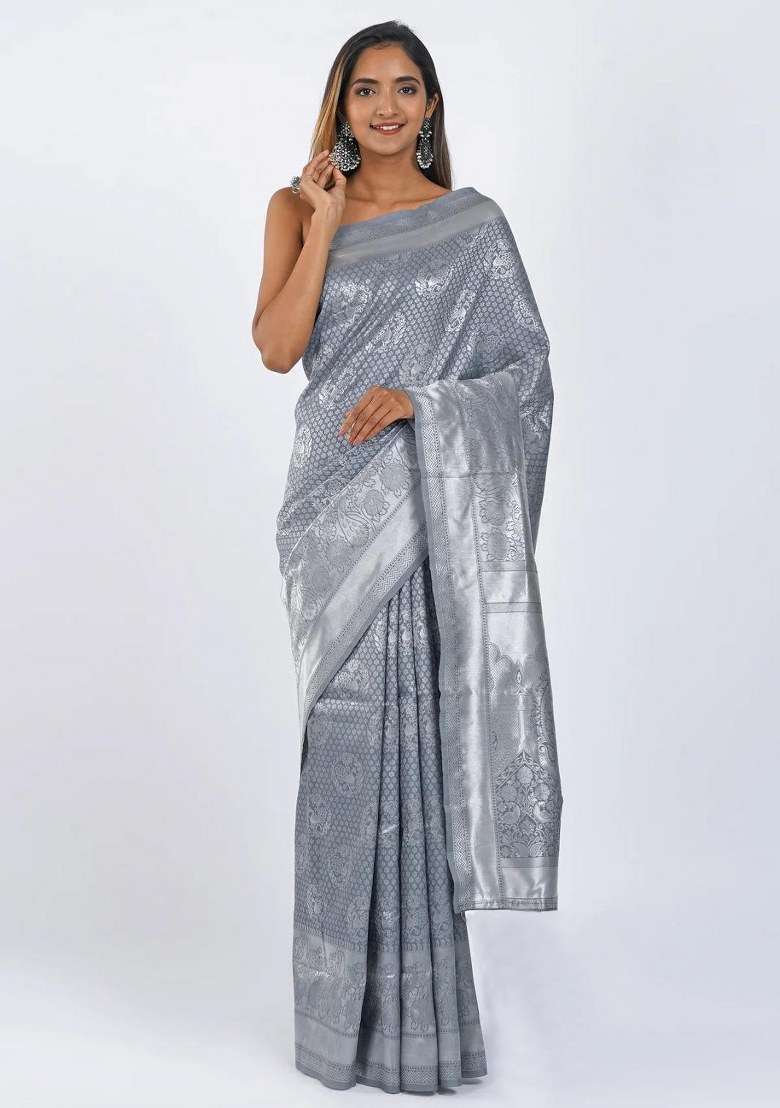 Grey Silk Blend Saree Set with Embroidered for Diwali | Wedding & Festive Wear - Indya
