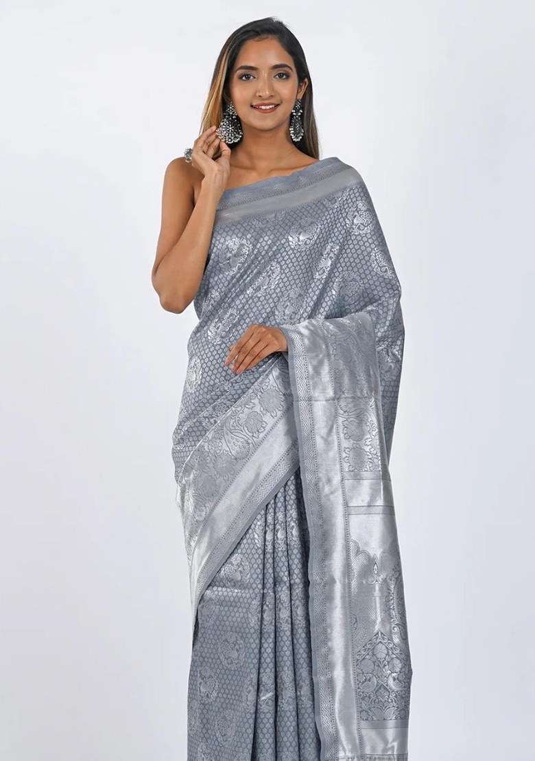 Grey Silk Blend Saree Set with Embroidered for Diwali | Wedding & Festive Wear - Indya