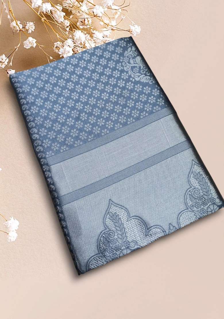 Grey Silk Blend Saree Set with Embroidered for Diwali | Wedding & Festive Wear - Indya