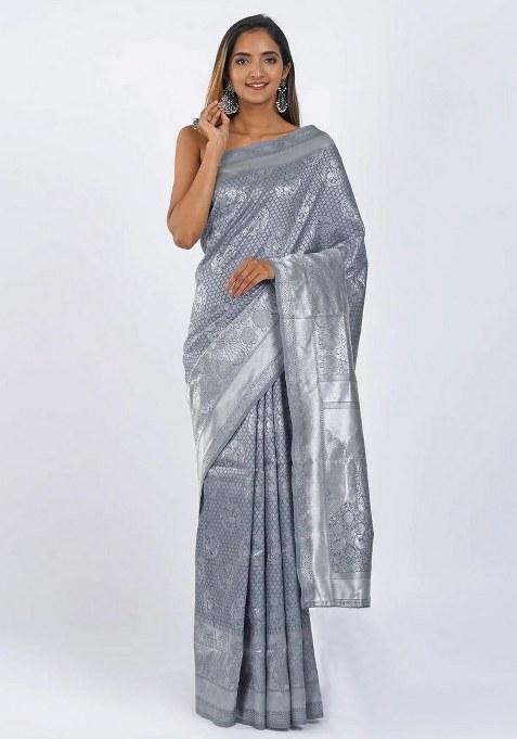 Grey Embroidered Silk Saree Set