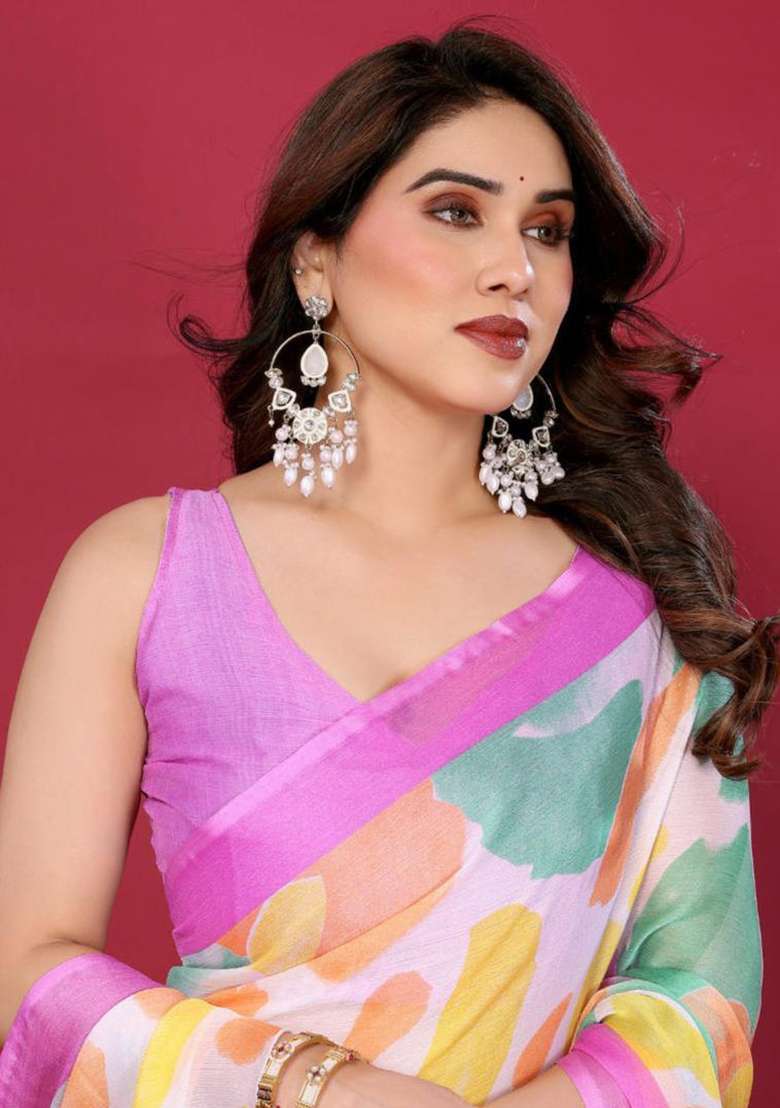 Pink Embroidered Chiffon Saree Set for Diwali and Festive Wear - Indya