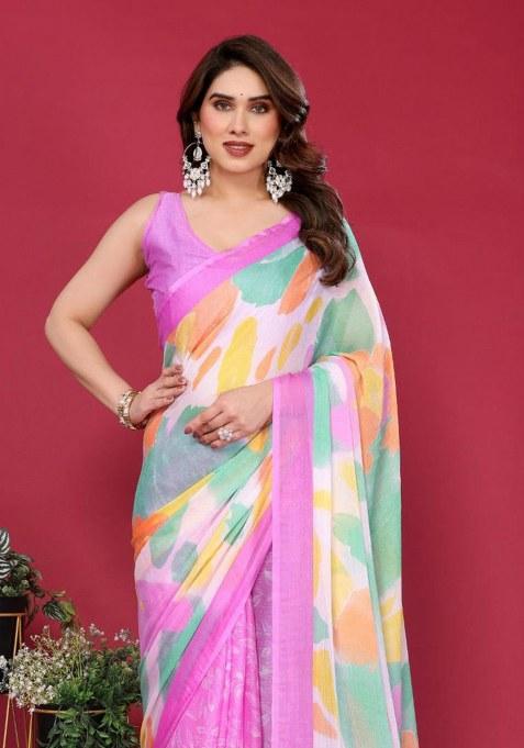 Pink Embroidered Chiffon Saree Set