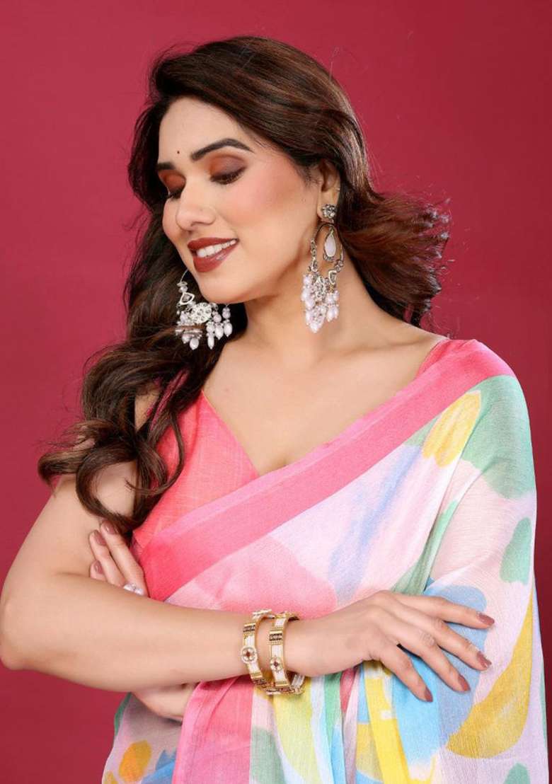 Pink Embroidered Chiffon Saree Set for Diwali and Festive Wear - Indya