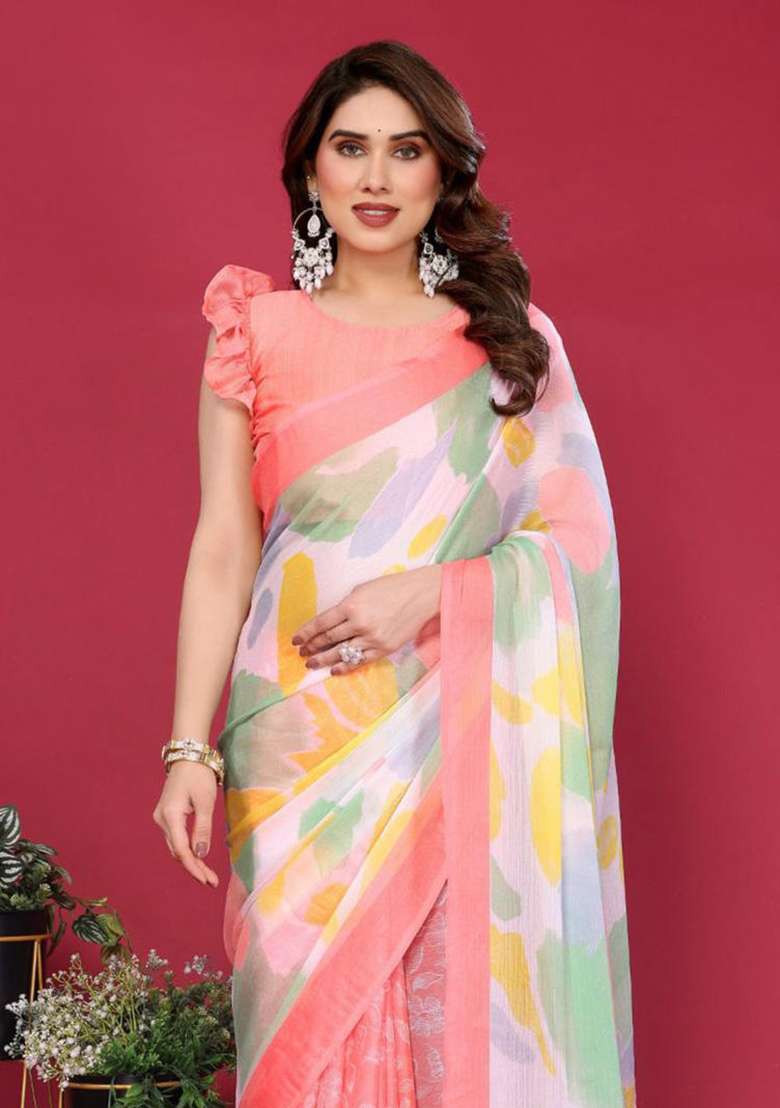 Peach Embroidered Chiffon Saree Set for Diwali and Festive Wear - Indya