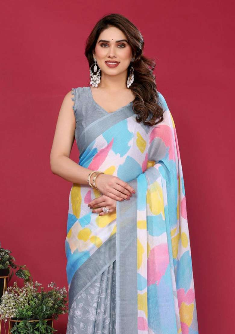 Grey Embroidered Chiffon Saree Set for Diwali and Festive Wear - Indya