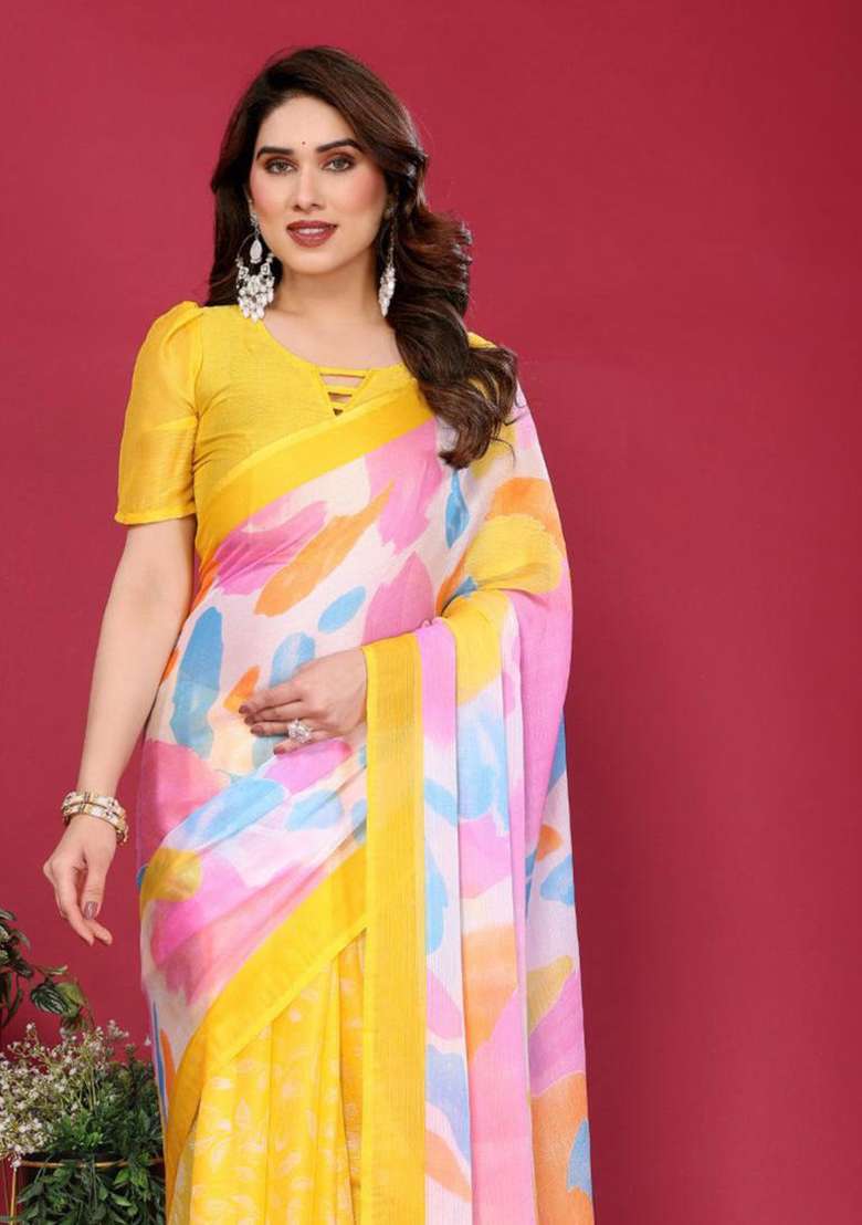 Yellow Embroidered Chiffon Saree Set - Indya