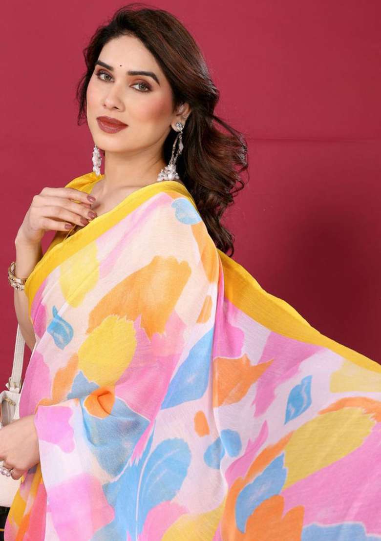 Yellow Embroidered Chiffon Saree Set - Indya