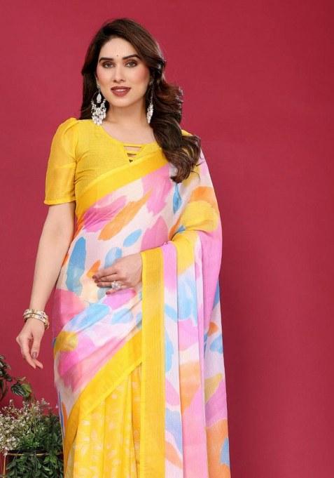 Yellow Embroidered Chiffon Saree Set