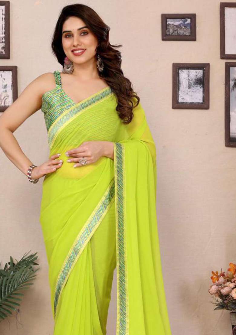 Light Green Georgette Saree Set with Embroidered for Diwali | Wedding & Festive Wear - Indya