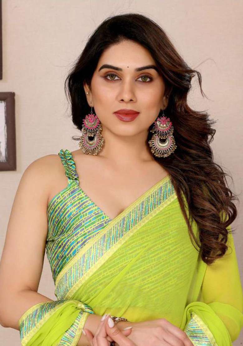 Light Green Georgette Saree Set with Embroidered for Diwali | Wedding & Festive Wear - Indya