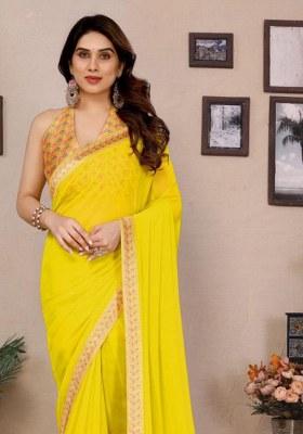 Yellow Embroidered Georgette Saree Set