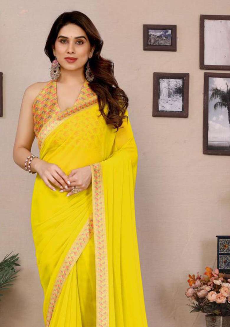 Yellow Embroidered Georgette Saree Set for Diwali and Festive Wear - Indya