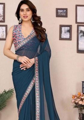 Navy Blue Embroidered Georgette Saree Set