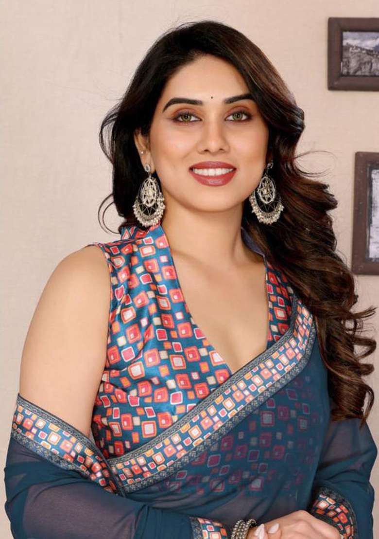 Navy Blue Embroidered Georgette Saree Set for Diwali and Festive Wear - Indya