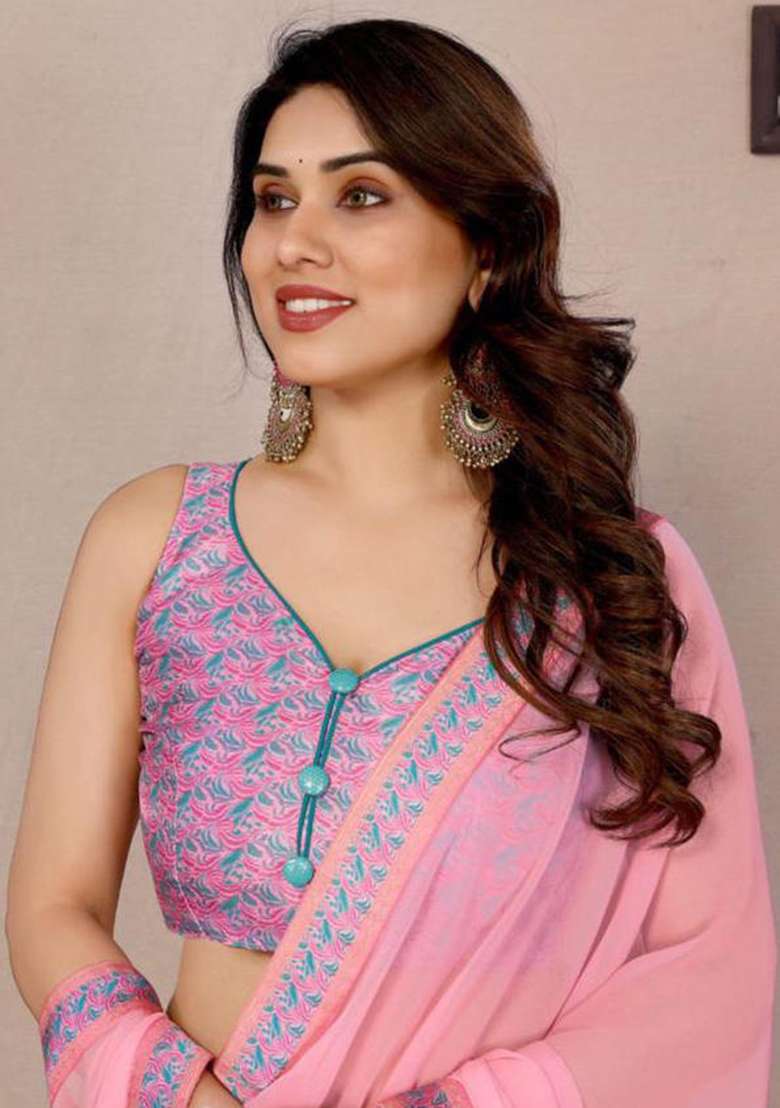 Baby Pink Georgette Saree Set with Embroidered for Diwali | Wedding & Festive Wear - Indya