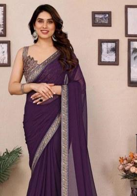 Wine Embroidered Georgette Saree Set