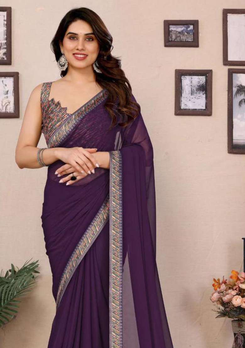 Wine Georgette Saree Set with Embroidered for Diwali | Wedding & Festive Wear - Indya
