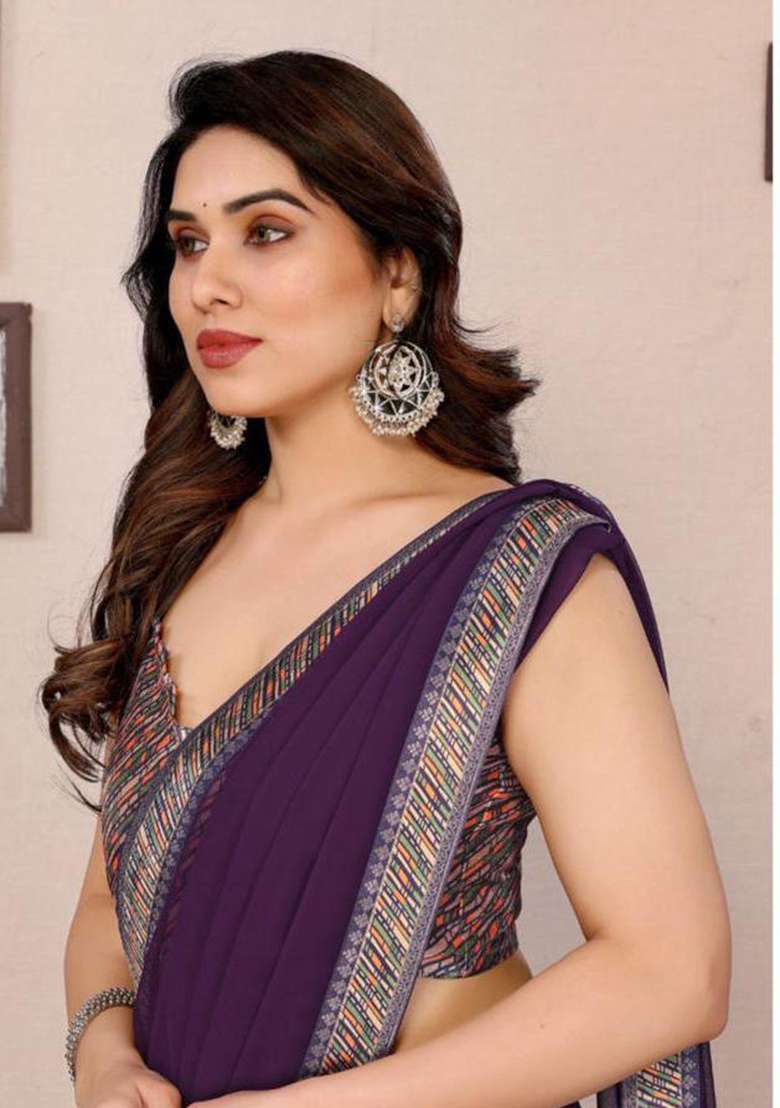 Wine Georgette Saree Set with Embroidered for Diwali | Wedding & Festive Wear - Indya