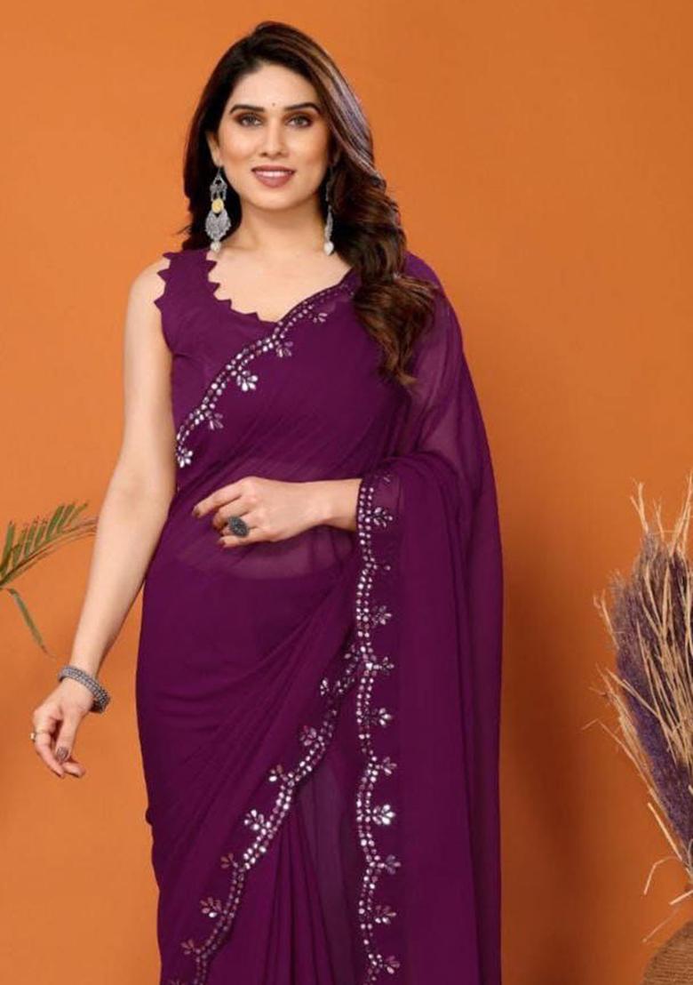 Wine Embroidered Georgette Saree Set