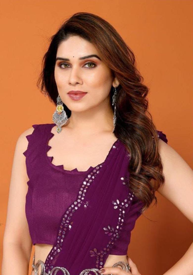 Wine Embroidered Georgette Saree Set