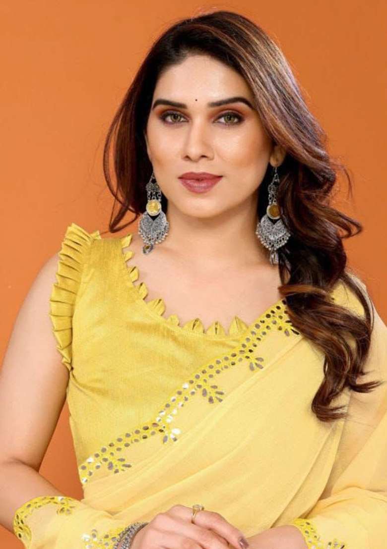 Yellow Embroidered Georgette Saree Set for Diwali and Festive Wear - Indya
