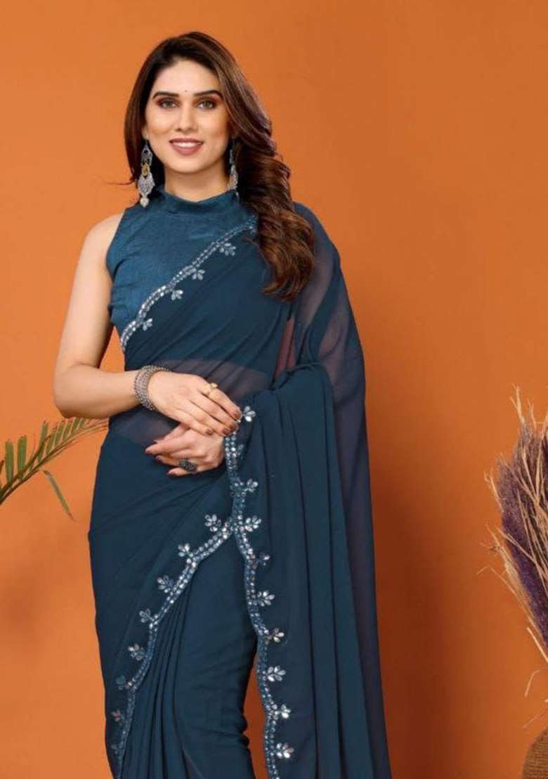 Teal Blue Embroidered Georgette Saree Set for Diwali and Festive Wear - Indya