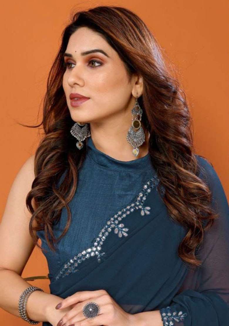 Teal Blue Embroidered Georgette Saree Set for Diwali and Festive Wear - Indya