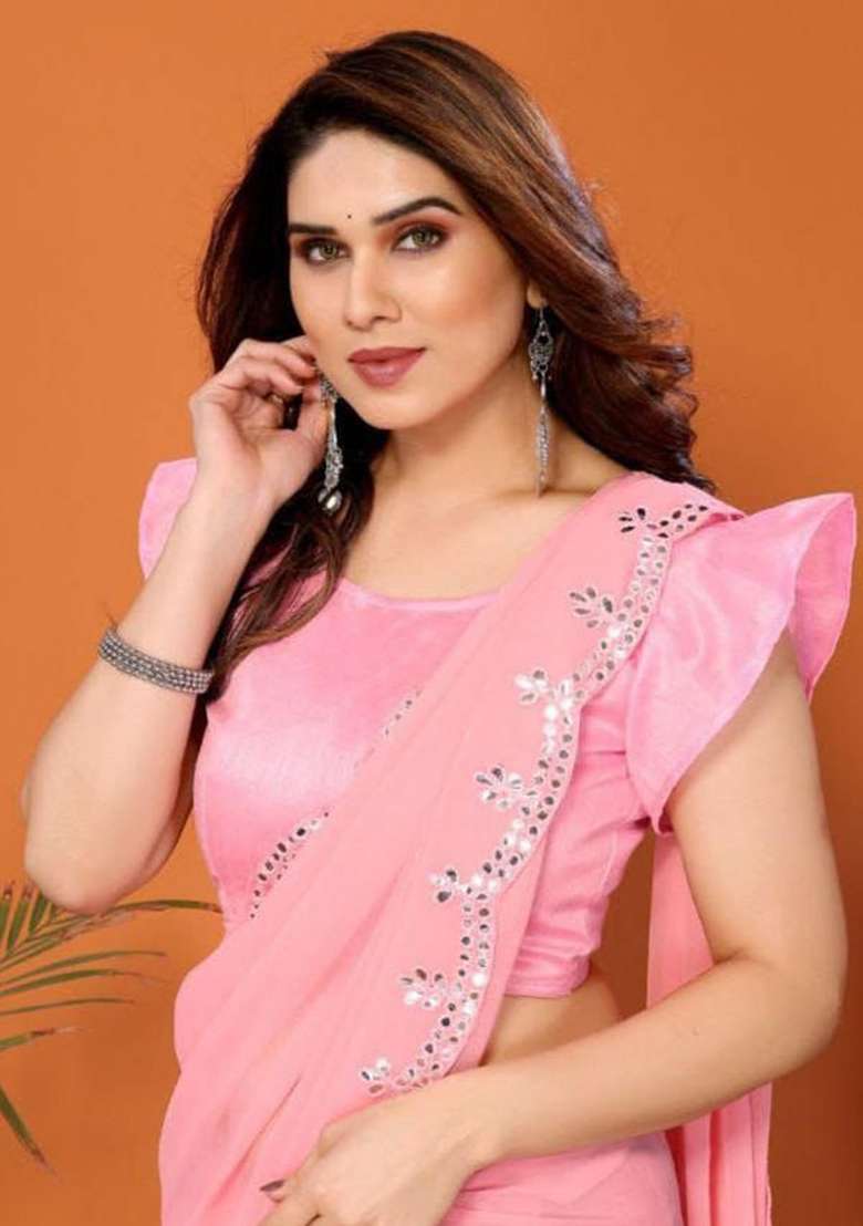 Baby Pink Embroidered Georgette Saree Set for Diwali and Festive Wear - Indya