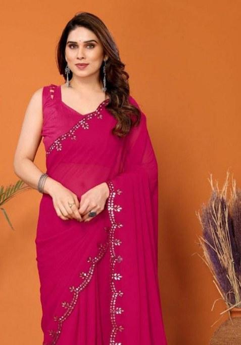 Magenta Embroidered Georgette Saree Set