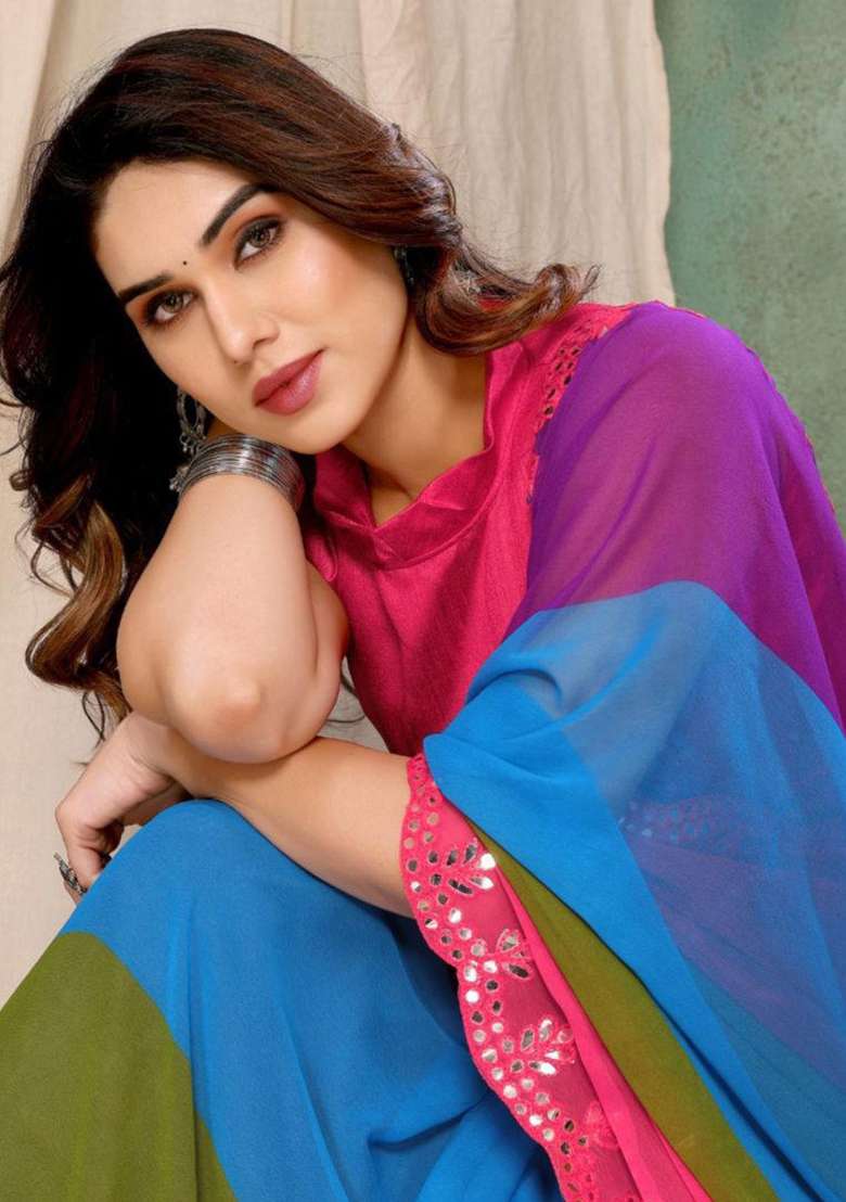 Multicolor Embroidered Georgette Saree Set for Diwali and Festive Wear - Indya