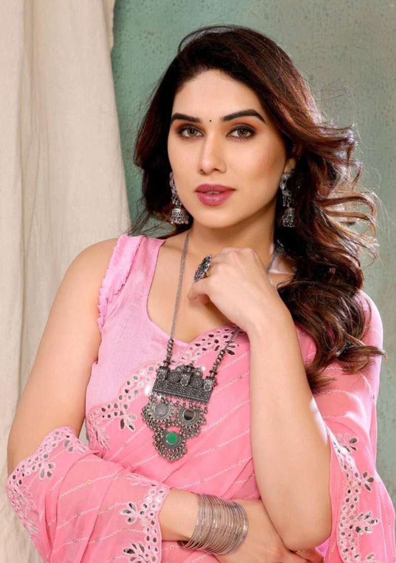 Baby Pink Embroidered Georgette Saree Set - Indya