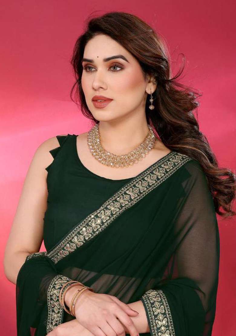 Green Chiffon Saree Set with Embroidered for Diwali | Wedding & Festive Wear - Indya