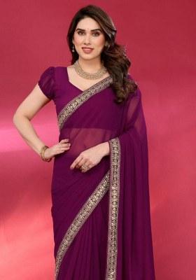 Wine Embroidered Chiffon Saree Set