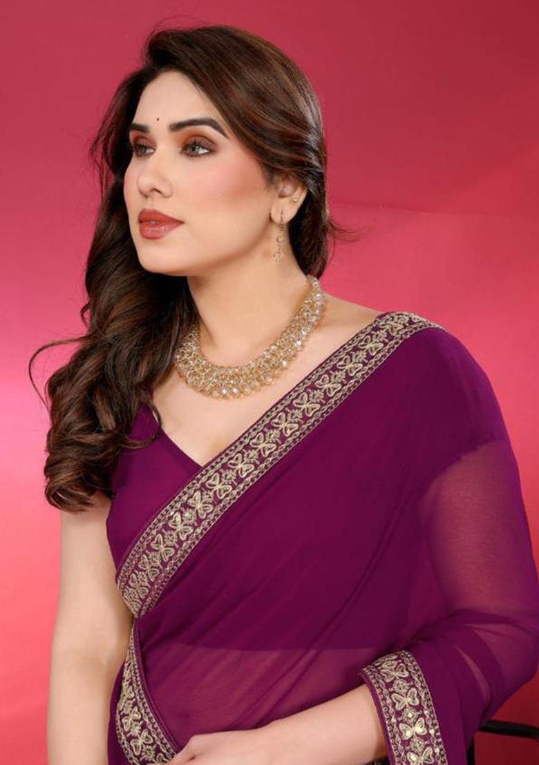 Wine Embroidered Chiffon Saree Set
