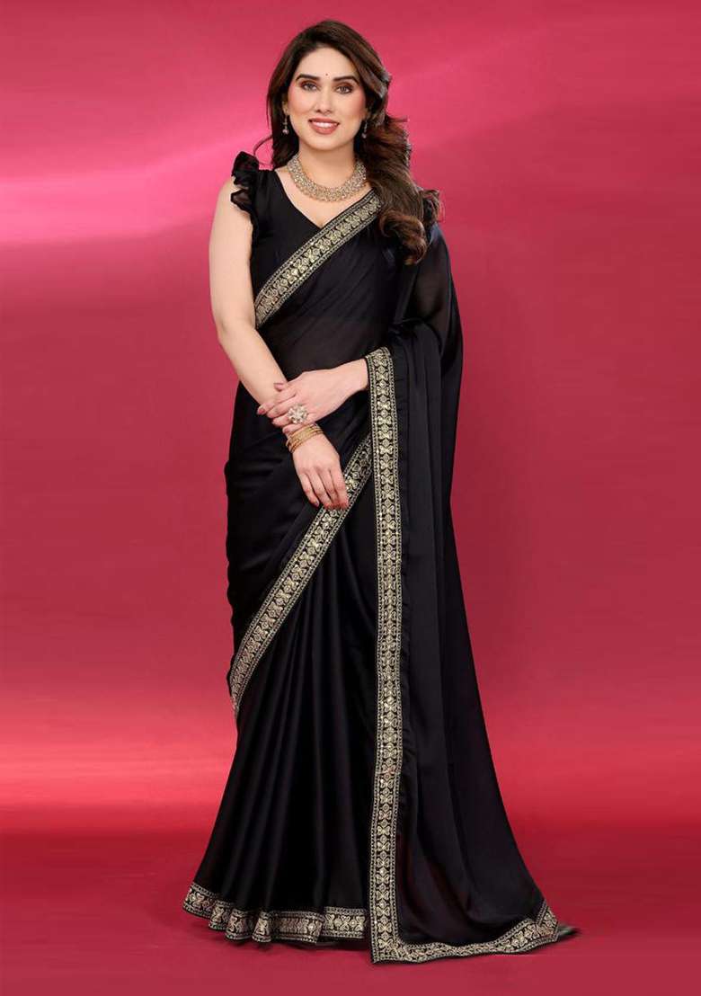 Black Chiffon Saree Set with Embroidered for Diwali | Wedding & Festive Wear - Indya