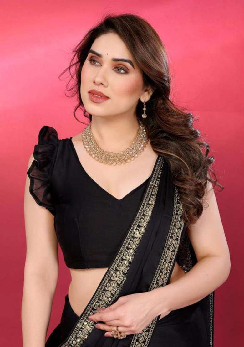 Black Chiffon Saree Set with Embroidered for Diwali | Wedding & Festive Wear - Indya