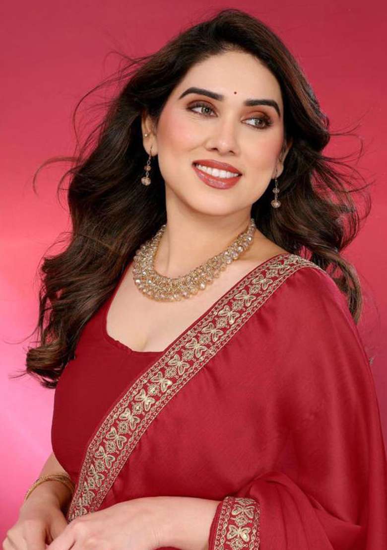 Red Chiffon Saree Set with Embroidered for Diwali | Wedding & Festive Wear - Indya