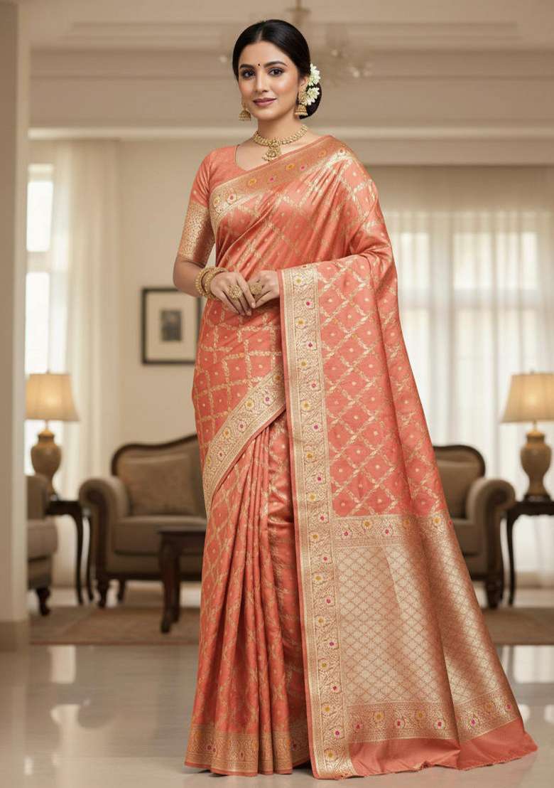 Peach Blend Banarasi Silk Saree Set with Embroidered for Diwali | Wedding & Festive Wear - Indya