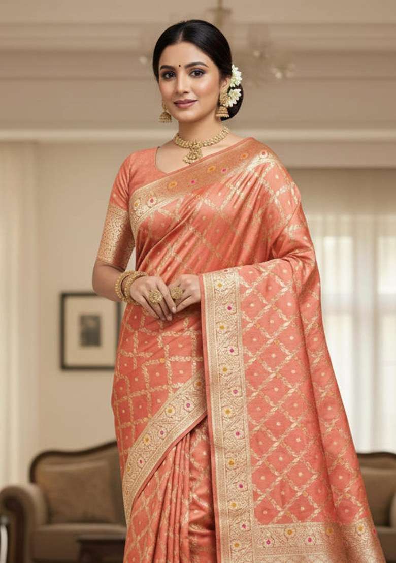 Peach Blend Banarasi Silk Saree Set with Embroidered for Diwali | Wedding & Festive Wear - Indya