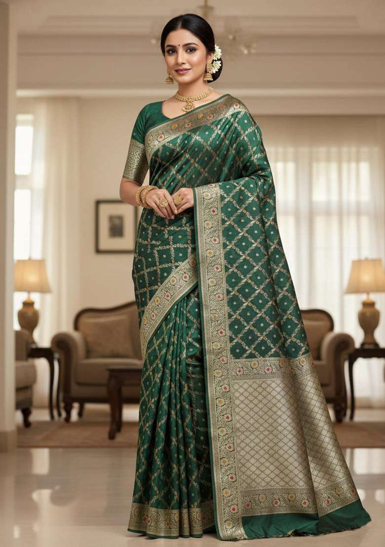 Green Embroidered Banarasi Silk Blend Saree Set for Diwali and Festive Wear - Indya
