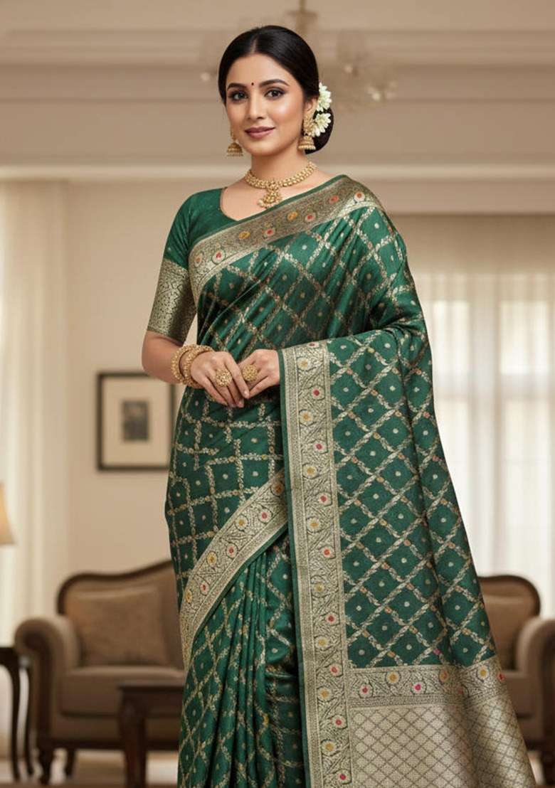 Green Embroidered Banarasi Silk Blend Saree Set for Diwali and Festive Wear - Indya