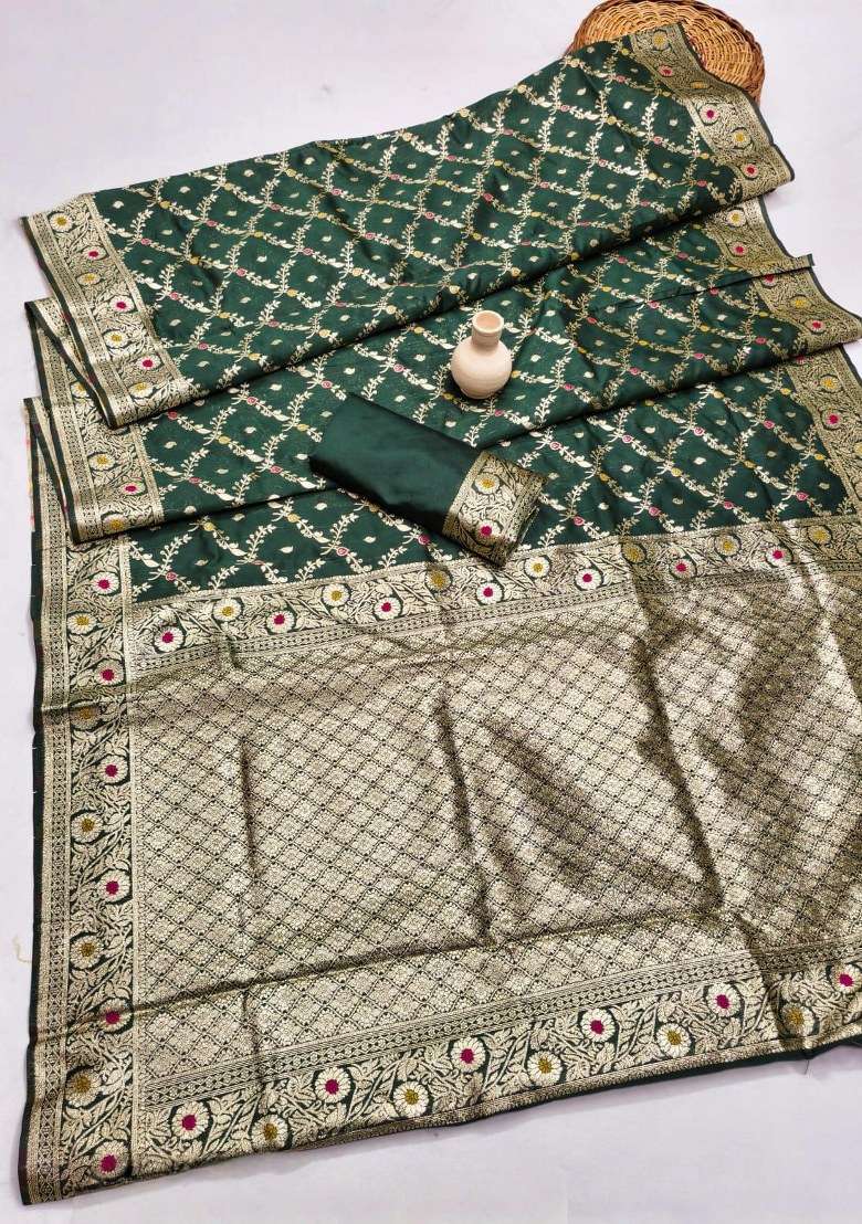 Green Embroidered Banarasi Silk Blend Saree Set for Diwali and Festive Wear - Indya