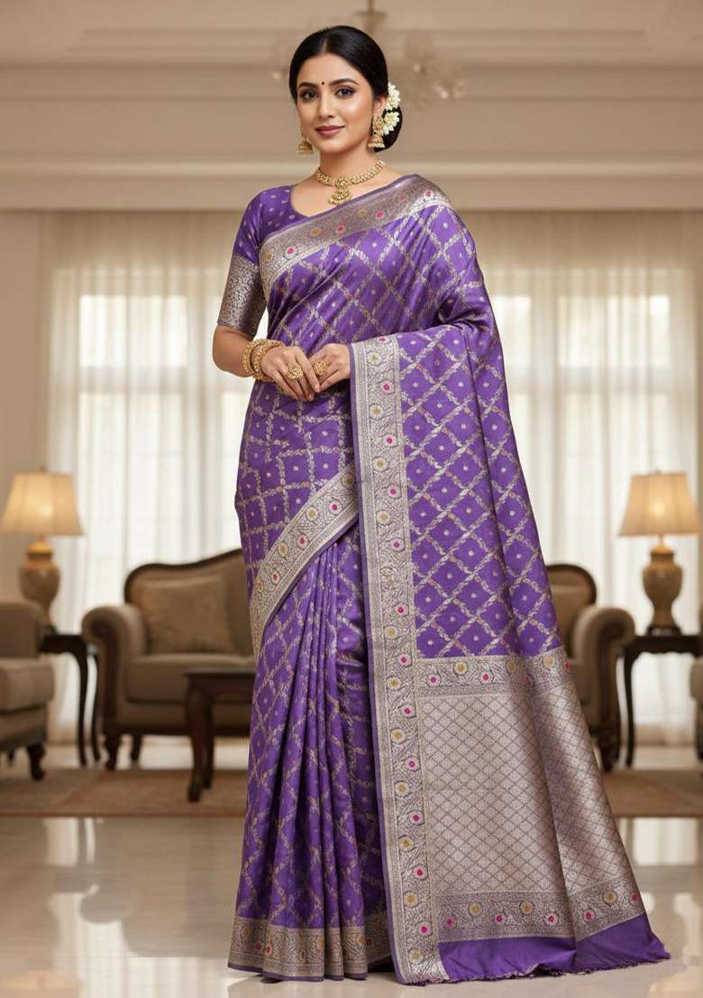 Purple Blend Banarasi Silk Saree Set with Embroidered for Diwali | Wedding & Festive Wear - Indya